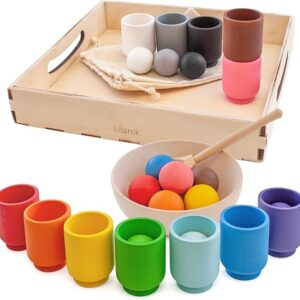 Ulanik Balls in Cups Toddler Montessori Toys for 1 Year Old + Baby Preschool Matching Wooden Games for Learning Colour Sorting and Counting