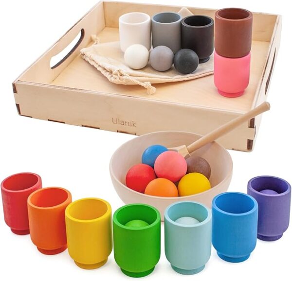 Ulanik Balls in Cups Toddler Montessori Toys for 1 Year Old + Baby Preschool Matching Wooden Games for Learning Colour Sorting and Counting