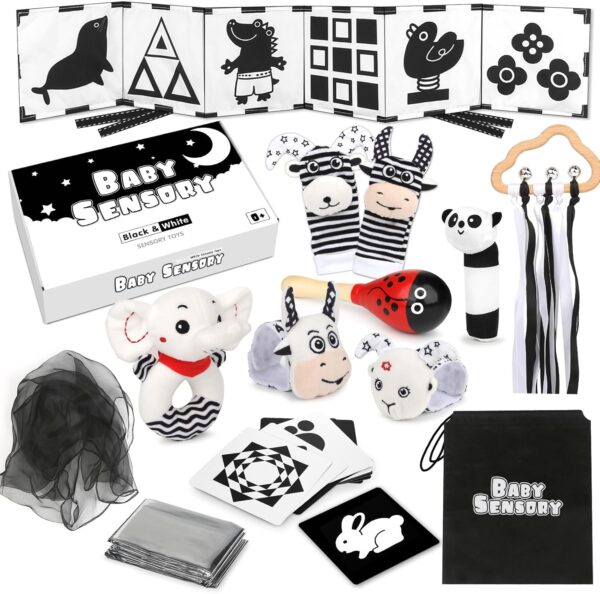 Joyreal Baby Sensory Toys, 13 Pcs Black and White Sensory Toys 0-6 Months,Foil Blanket, Sensory Cards, Baby Rattles & More